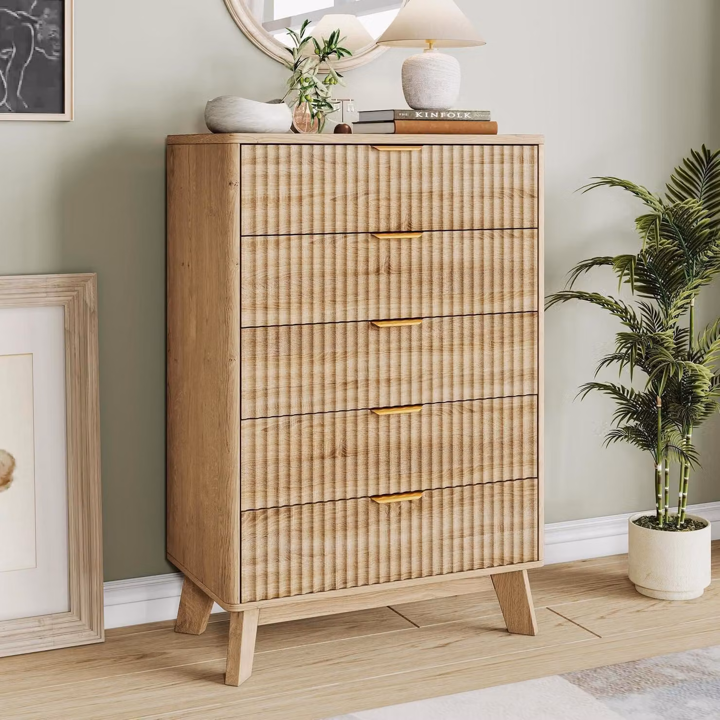 Comodino con 5 cassetti in rattan, dimensioni 73x40x108 cm, colore naturale