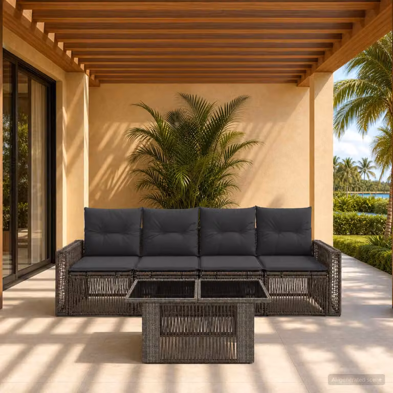 Set Divano da Giardino vidaXL 5 Pezzi in Polyrattan Grigio e Antracite con Cuscini e Tavolino
