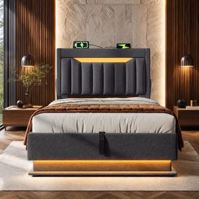 Letto singolo imbottito 90x200 cm con contenitore; LED; USB e Type-C; grigio