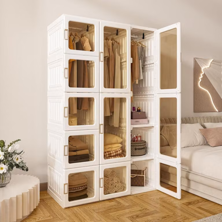 Armadio pieghevole di dimensioni 104x170x50 cm, con asta appendiabiti e ante magnetiche, colore marrone trasparente
