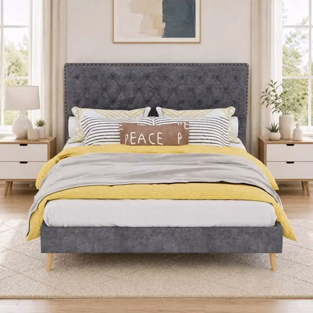 Desviae Struttura letto 140 × 200 cm con testiera alta in velluto olandese grigio rete a doghe e dettagli con borchie