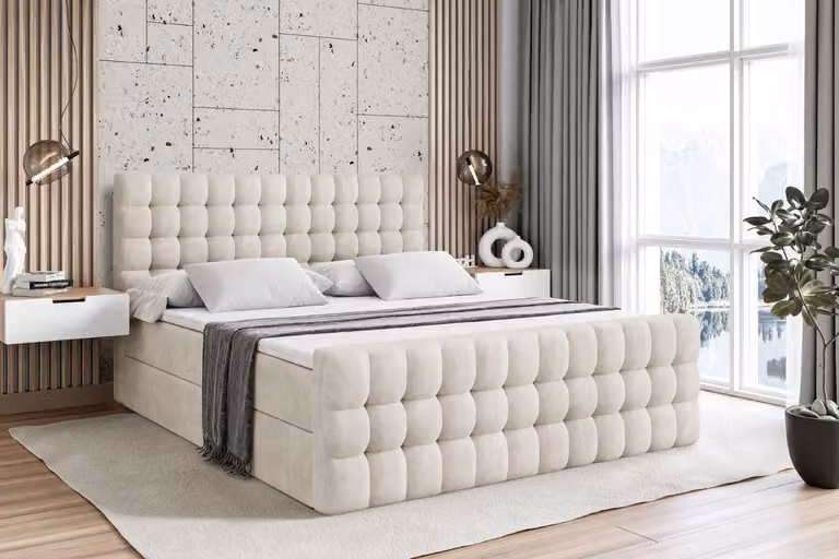 Letto boxspring ALTDECOR con materasso e rete a doghe - VIONE -Z - 160x200 cm - Velluto beige - Letto boxspring, pediera, topper, letto imbottito con contenitore, letto con vano portaoggetti H4 - Materasso, letto matrimoniale, letto boxspring