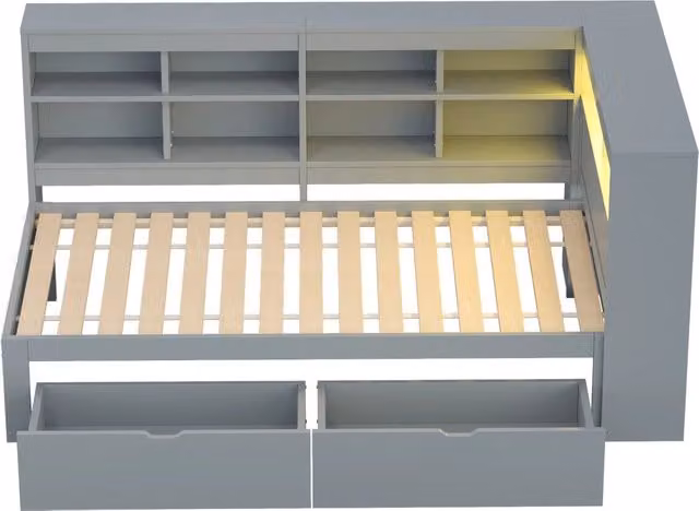 Letto singolo multifunzionale 90x200 cm in legno massello grigio con ripiani, USB, presa elettrica e striscia LED