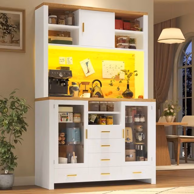 Buffet REDOM moderno in MDF e vetro con illuminazione LED, bianco opaco, L 120 cm x P 40 cm x H 180 cm