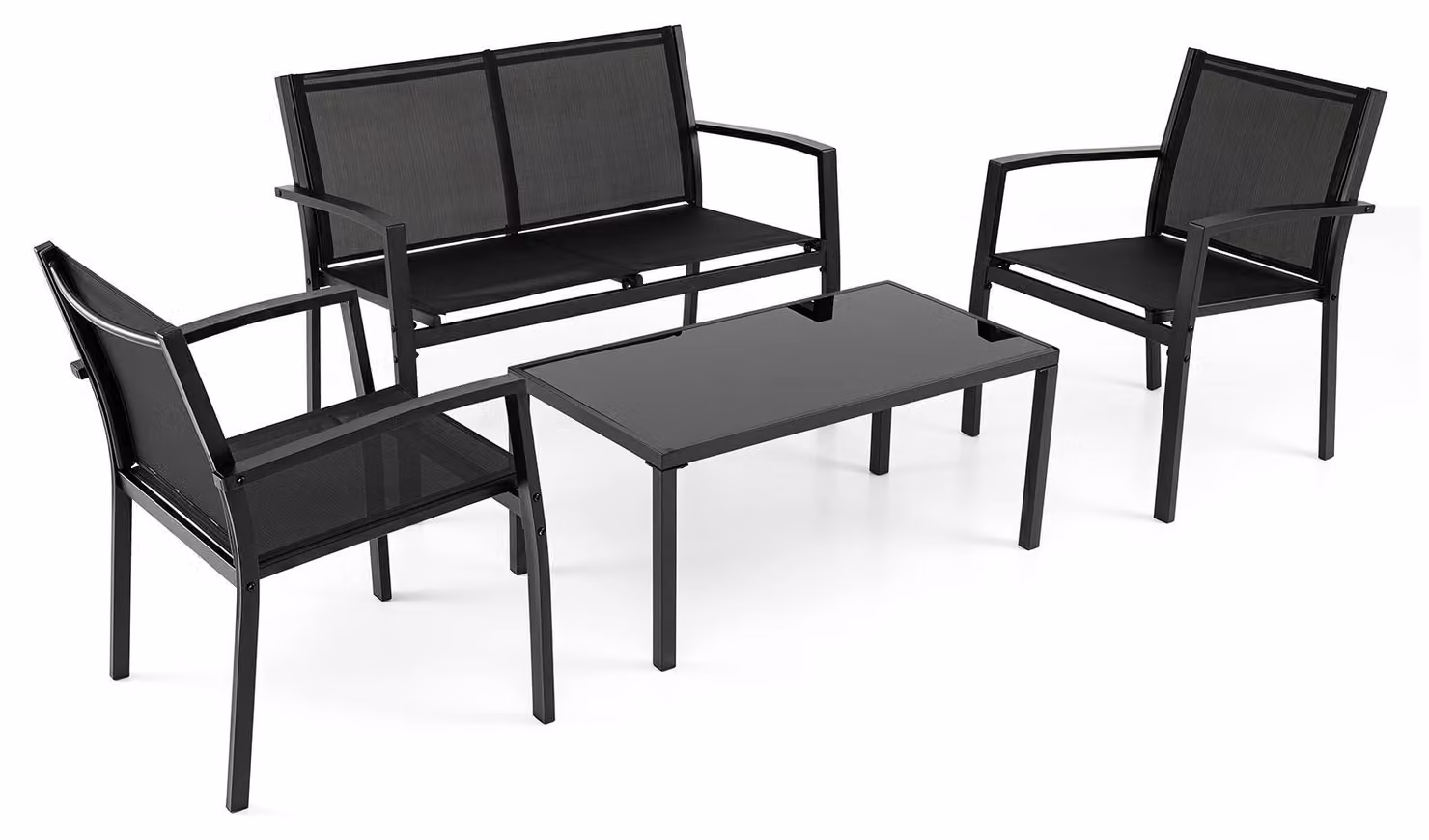 Set da giardino KOMFOTTEU composto da 4 pezzi: una panca, 2 poltrone e un tavolino in vetro