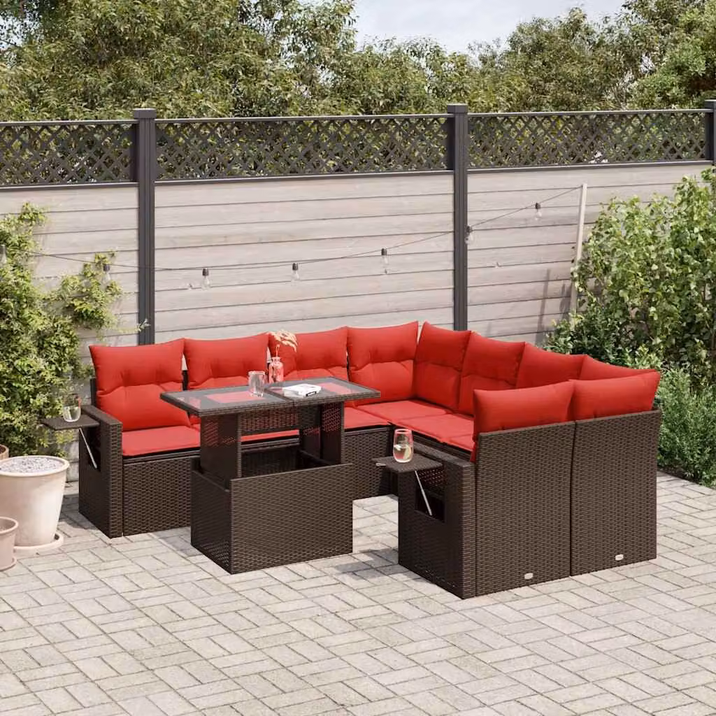 Set Divani da Giardino vidaXL 9 pz a Forma a L con Tavolino e Cuscini Marrone e Rosso in Polyrattan e Metallo