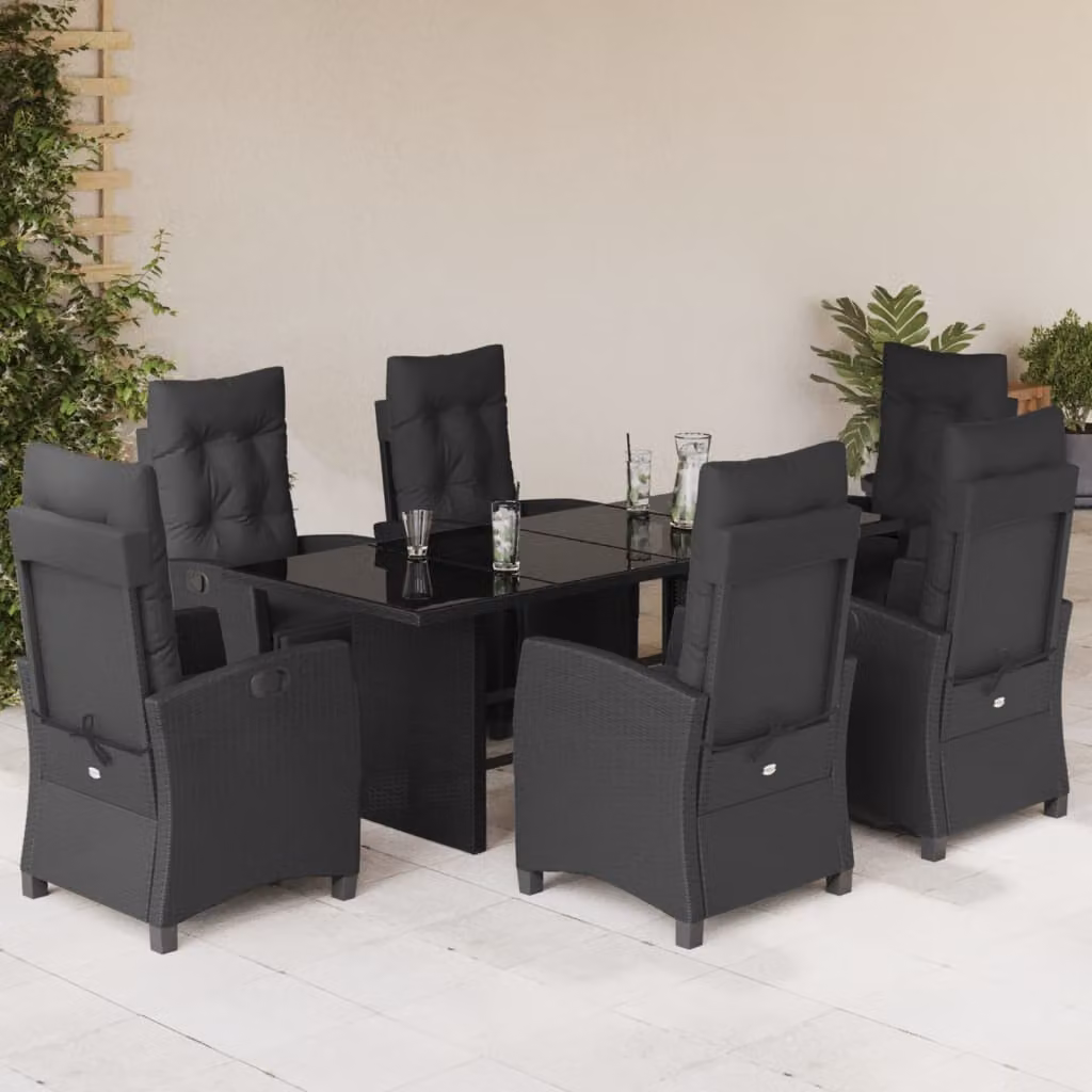 vidaXL Set da Pranzo da Giardino 7 pz in Polyrattan Nero con Cuscini e Tavolo in Vetro – 1