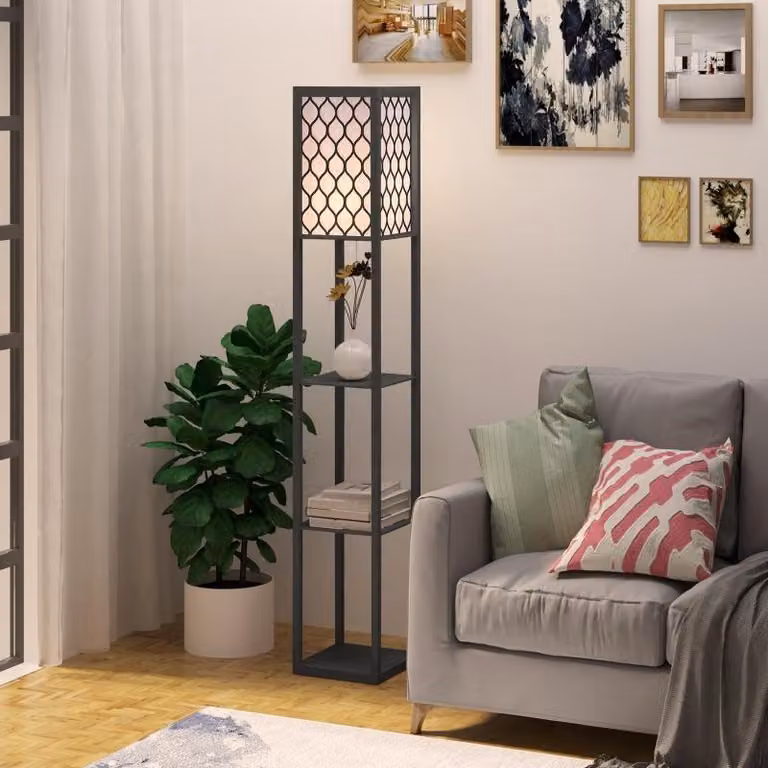 Lampada da terra Moonbite con 3 ripiani aperti, dimensioni 26 x 26 x 160 cm, lampada da terra con paralume in tessuto e interruttore a tirante, attacco E27 fino a 40 W, pannello in MDF, colore nero