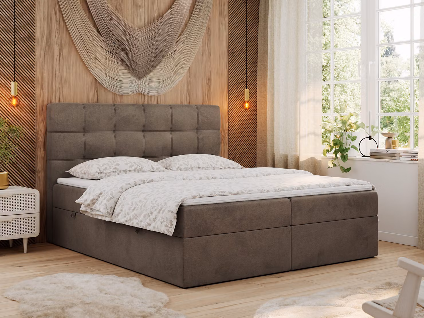 Letto a molle insacchettate MKS MEBLE, 140x200 cm, completo di materasso, con sistema a molle insacchettate, materasso H4 e topper. Letto imbottito 140x200 cm con contenitore e testiera, modello ERNI, color marrone velluto