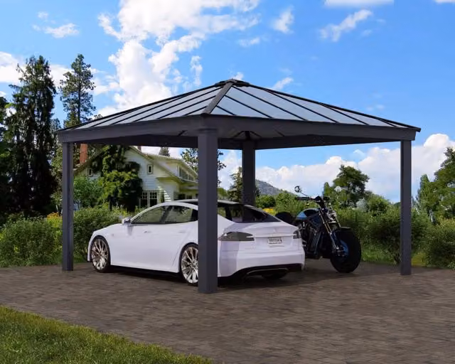 Carport doppio CANOPIA in alluminio e policarbonato grigio con tetto a capanna L: 430 cm, P: 430 cm, H: 200 cm