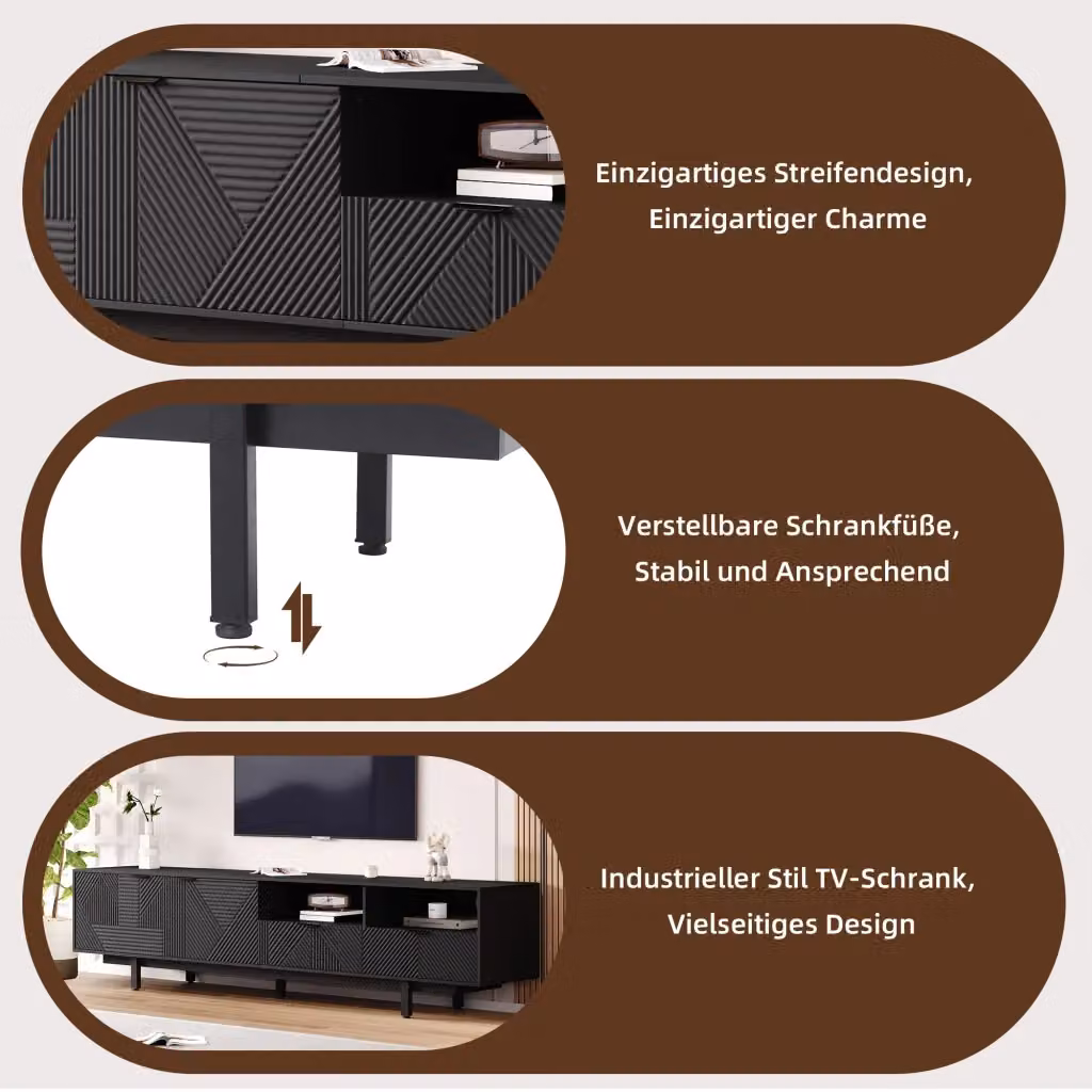 Mobile TV geometrico REDOM nero opaco in legno e metallo L/P/H: 200 x 40 x 51 cm – 2