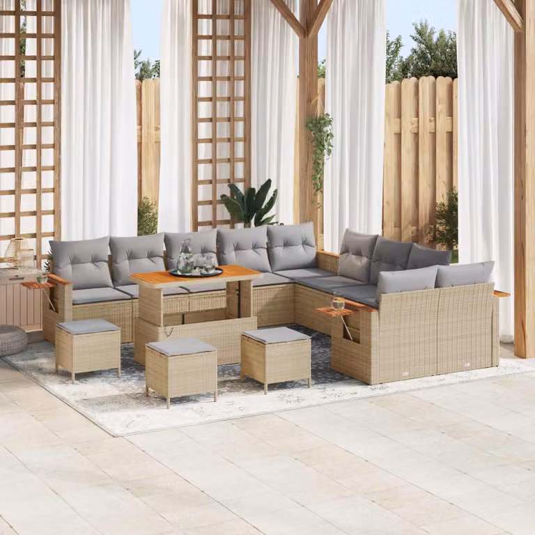 Set Divano da Giardino vidaXL 14 Pezzi in Polyrattan Beige con Cuscini e Tavolino da Esterno