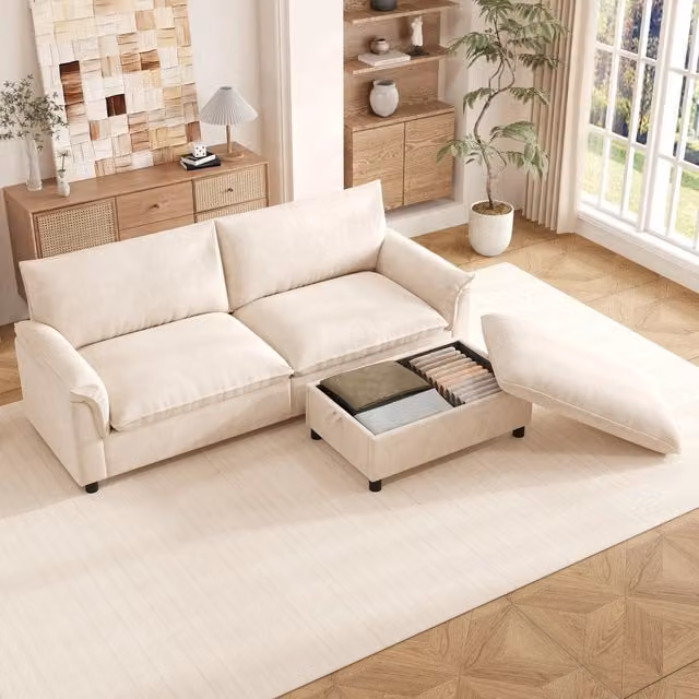 Divano modulare con pouf mobile e contenitore, seduta profonda in ciniglia beige, schienale alto 216 × 77 × 82 cm