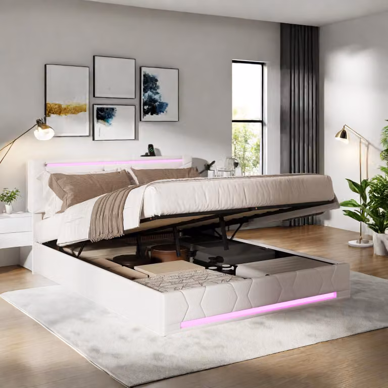 Letto box 160x200 cm in tessuto beige con strisce LED per testiera/pediera, prese USB e testiera regolabile