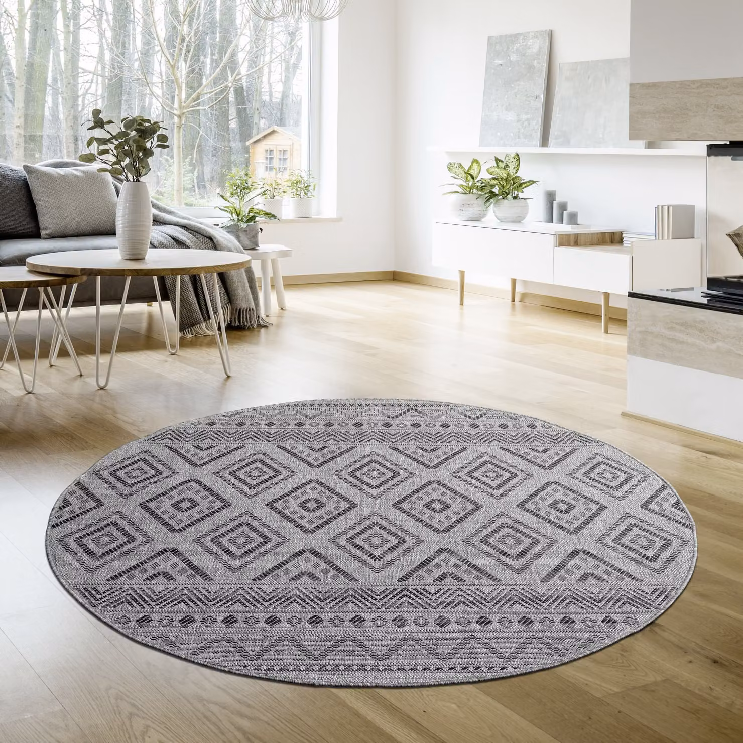 Tappeto rotondo Verona per interni ed esterni in stile boho, antracite e beige, diametro: 80 cm – 3