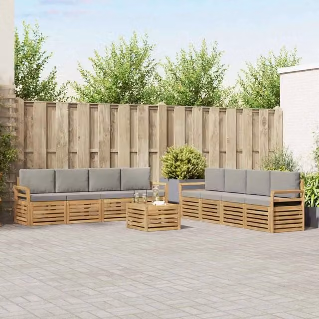 Set di mobili da giardino vidaXL in legno di acacia con divano a 3 posti, tavolino da caffè e cuscini, Bianco e Grigio – 1