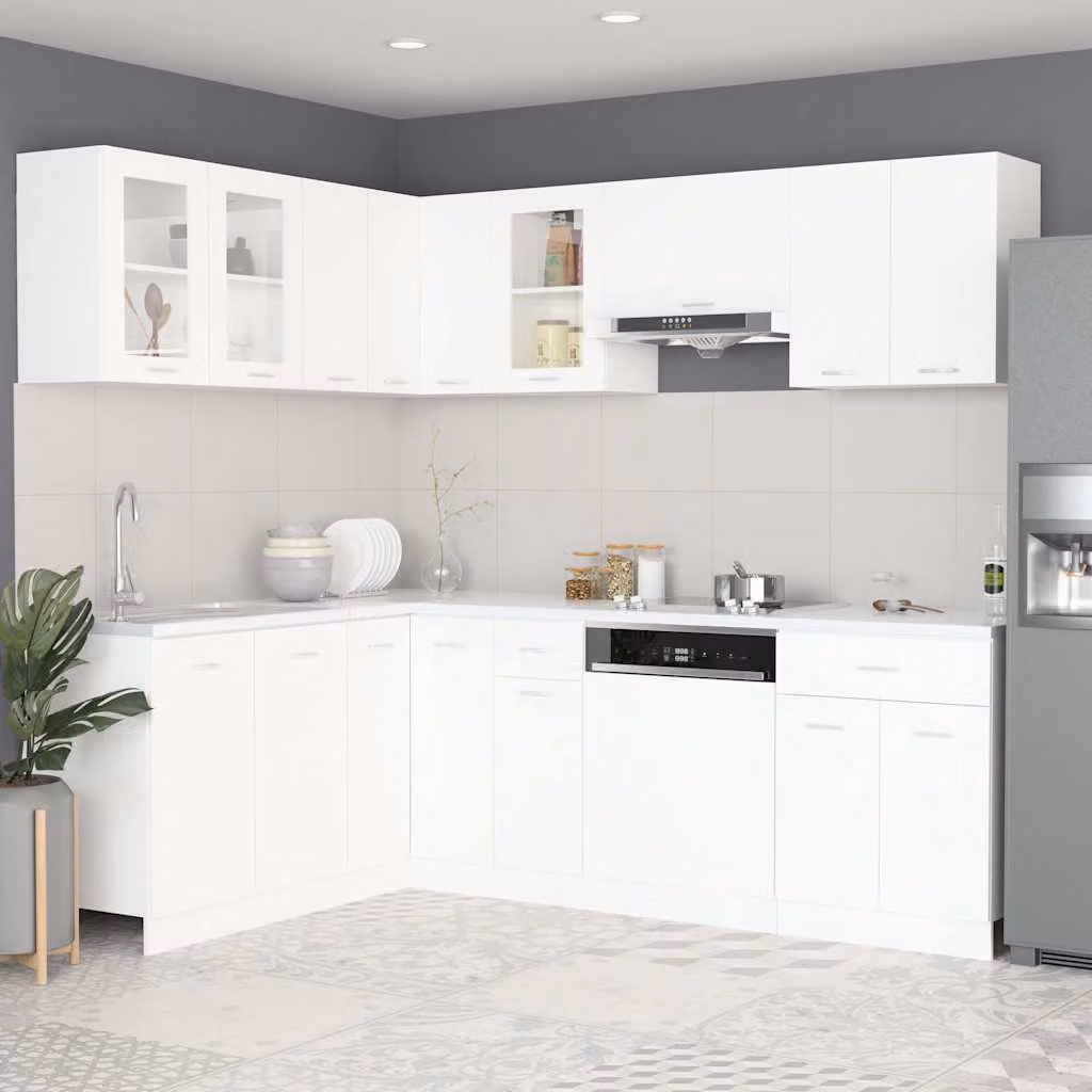 Set di armadi da cucina vidaXL Lyon composto da 11 pezzi in bianco opaco con ante in vetro e ripiani interni