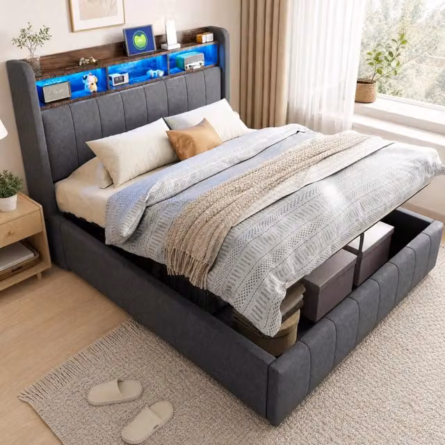Letto matrimoniale 140x200 cm con contenitore idraulico; LED e USB-C in tessuto di lino grigio