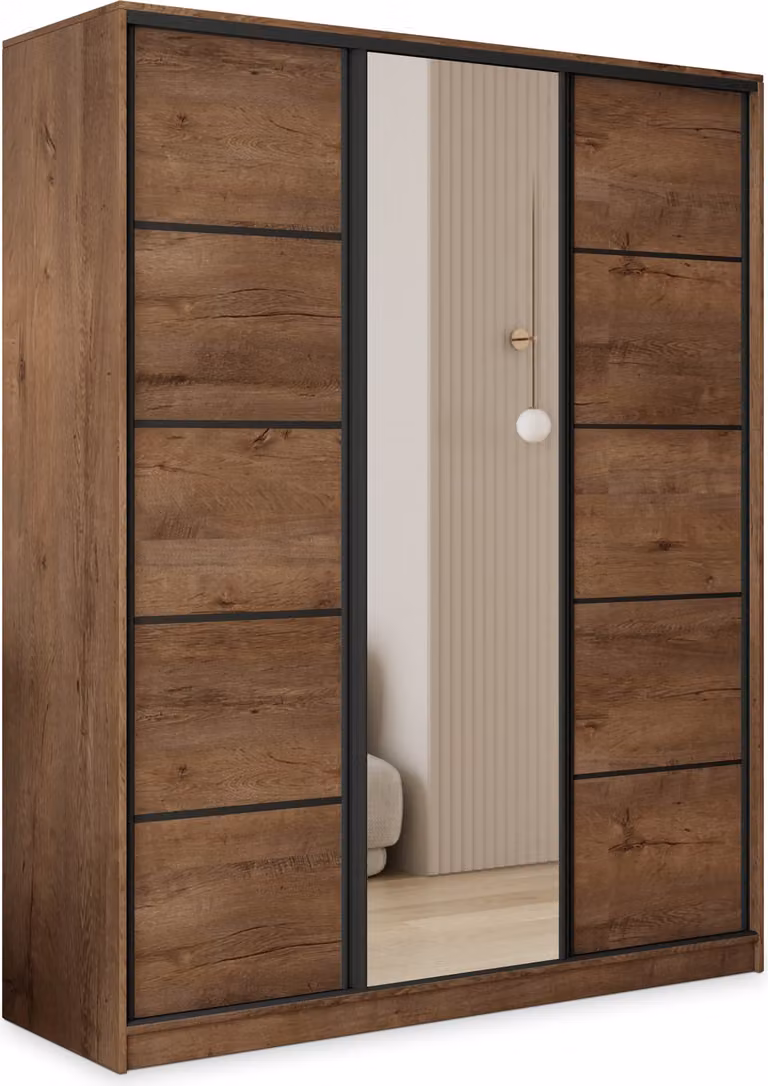 Armadio scorrevole Masseno PINA 160/205/58 cm Armadio con 4 cassetti Armadio per camera da letto a 3 ante con specchio Rovere Lefkas