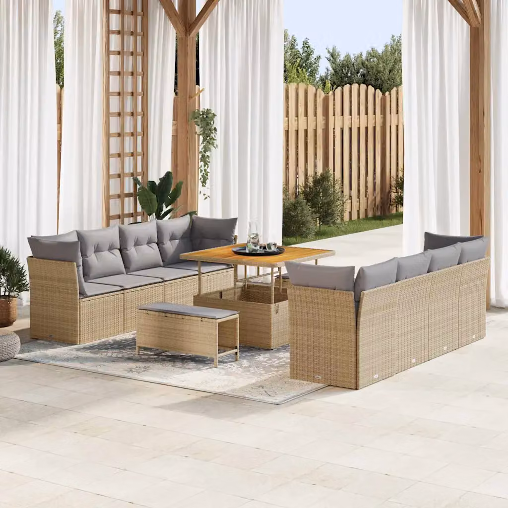 Set Divano da Giardino vidaXL 11 pz Beige in Polyrattan con Cuscini e Struttura in Acciaio Verniciato a Polvere – 1