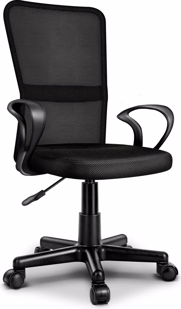 TRESKO sedia da ufficio nera sedia da scrivania girevole, con braccioli e rotelle in plastica, regolabile in altezza in continuo, sedile imbottito, ergonomica