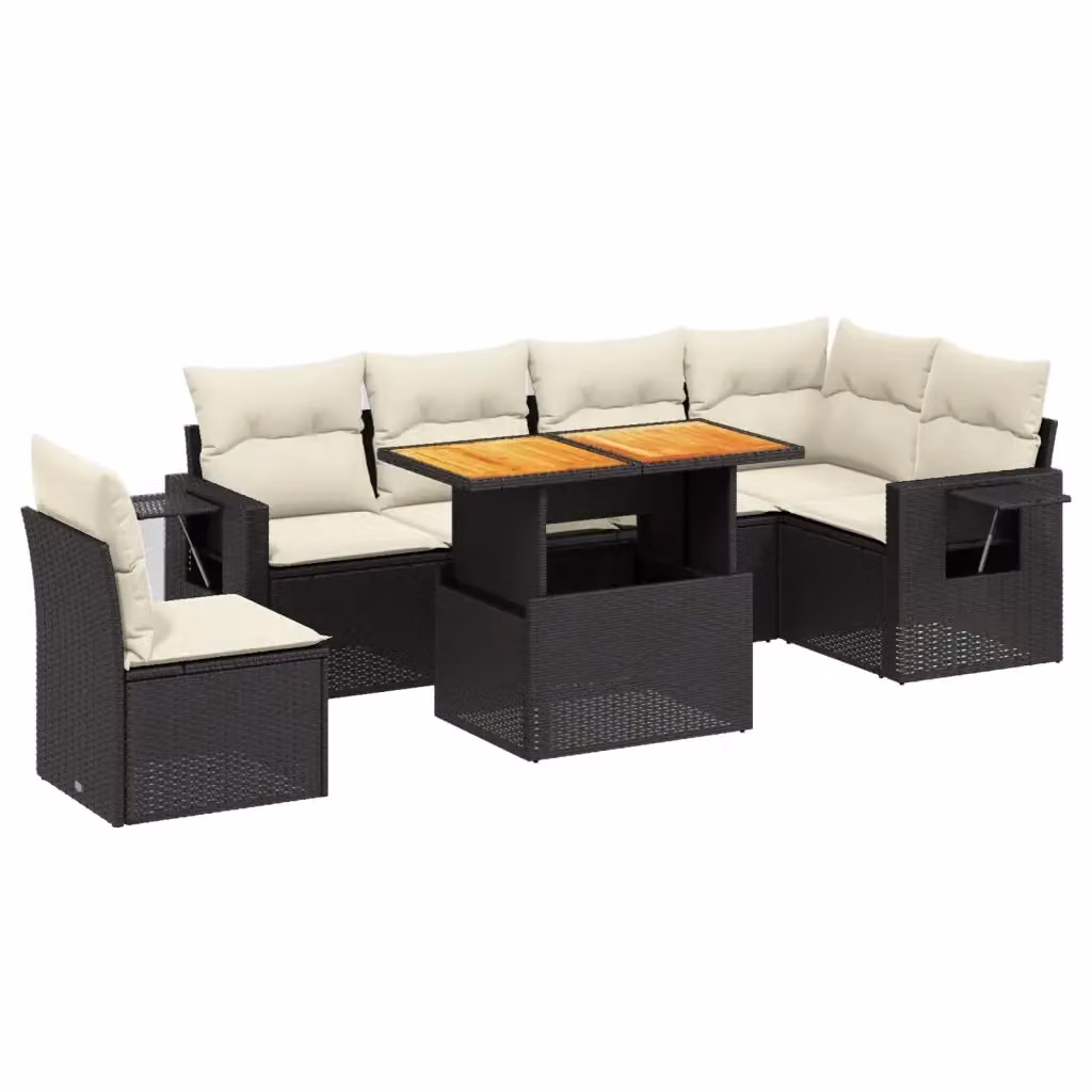 vidaXL Set Divani da Giardino a L con Cuscini 7pz in Polyrattan Nero e Acacia – 2
