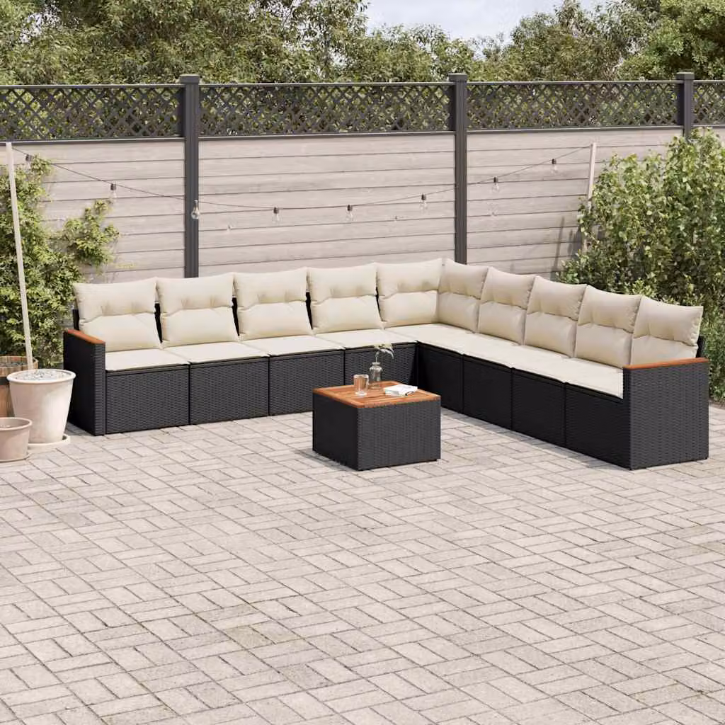 Set di Divani da Giardino vidaXL a Forma di U in Polyrattan Nero con Cuscini e Tavolino da Esterno – 1