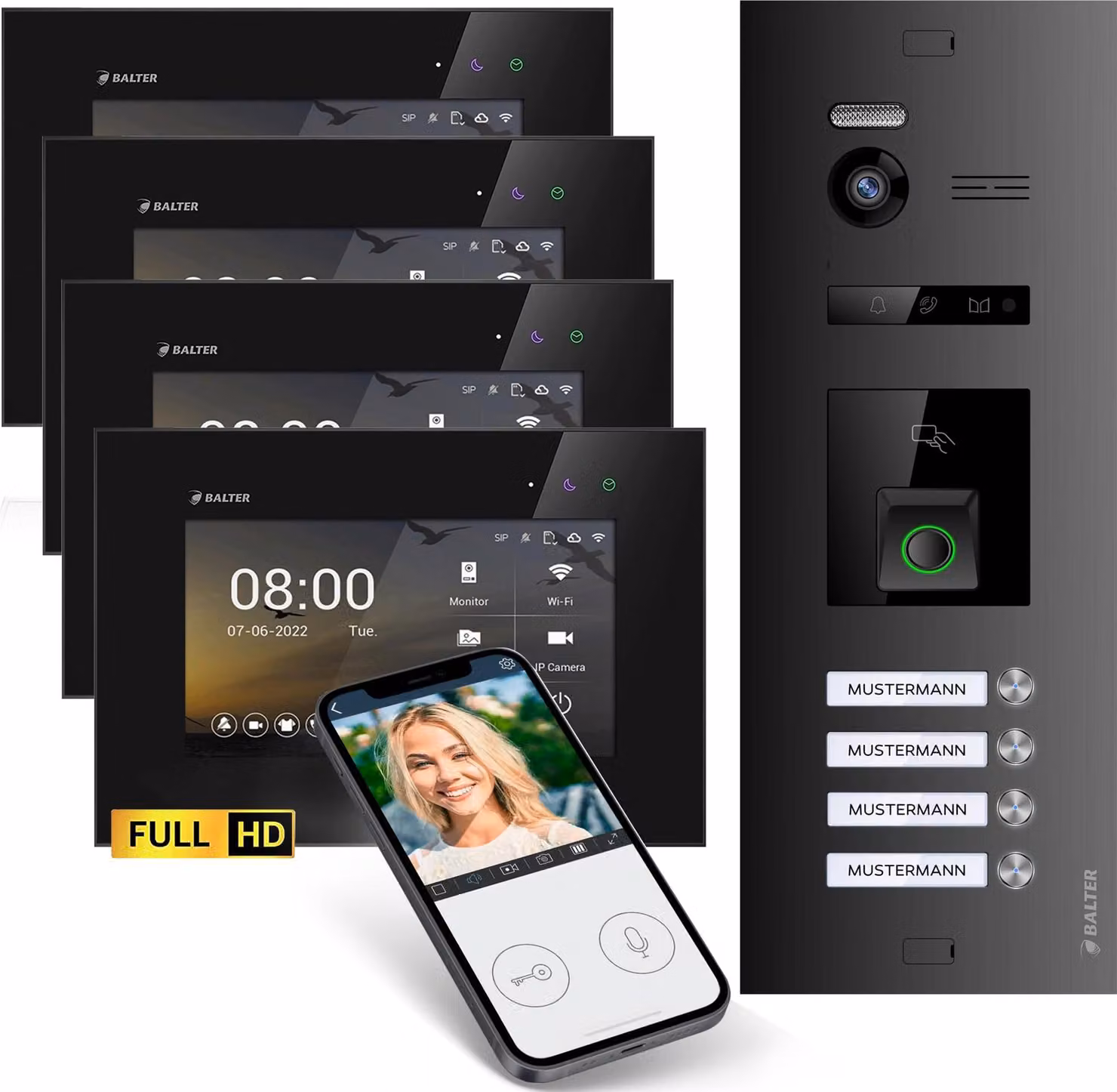 Videocitofono HD con impronta digitale RFID e app per smartphone per casa quadrifamiliare, 4x monitor, Balter EVO HD Fingerprint