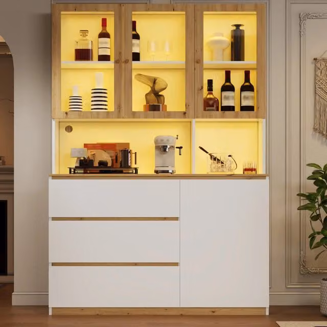 Vetrina alta LED 120x24,5x200 cm in MDF bianco e rovere con contenitore -