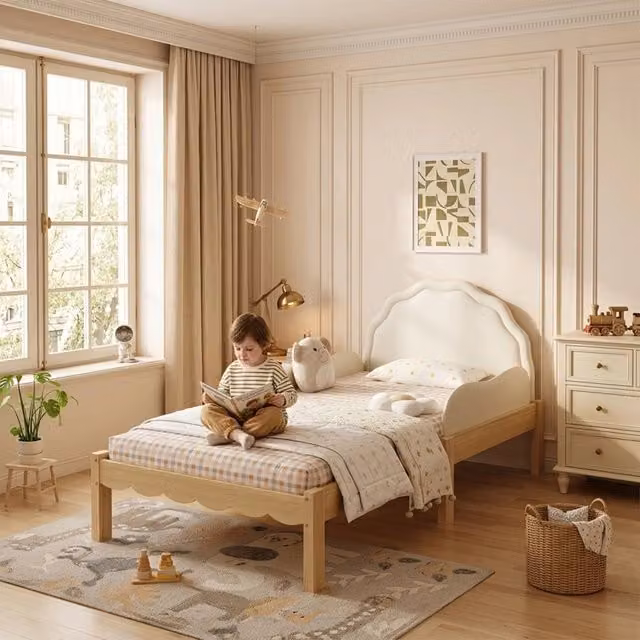 Letto per bambini singolo 90 × 200 cm con testiera imbottita in PU e sponde, senza materasso, beige naturale