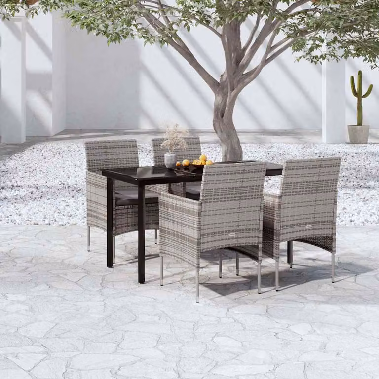Set da pranzo da giardino vidaXL in polyrattan con cuscini e piano in vetro, 5 pezzi, Grigio e Nero