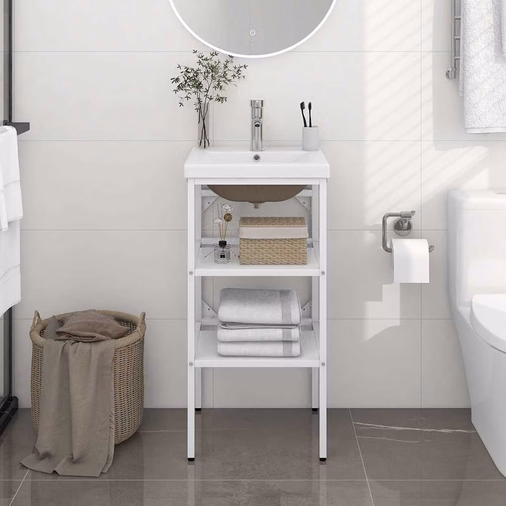vidaXL Lavabo da Bagno Moderno con Telaio in Metallo e Lavabo in Ceramica Bianca, da Appendere al Muro, L: 83 cm, P: 38 cm, H: 40 cm