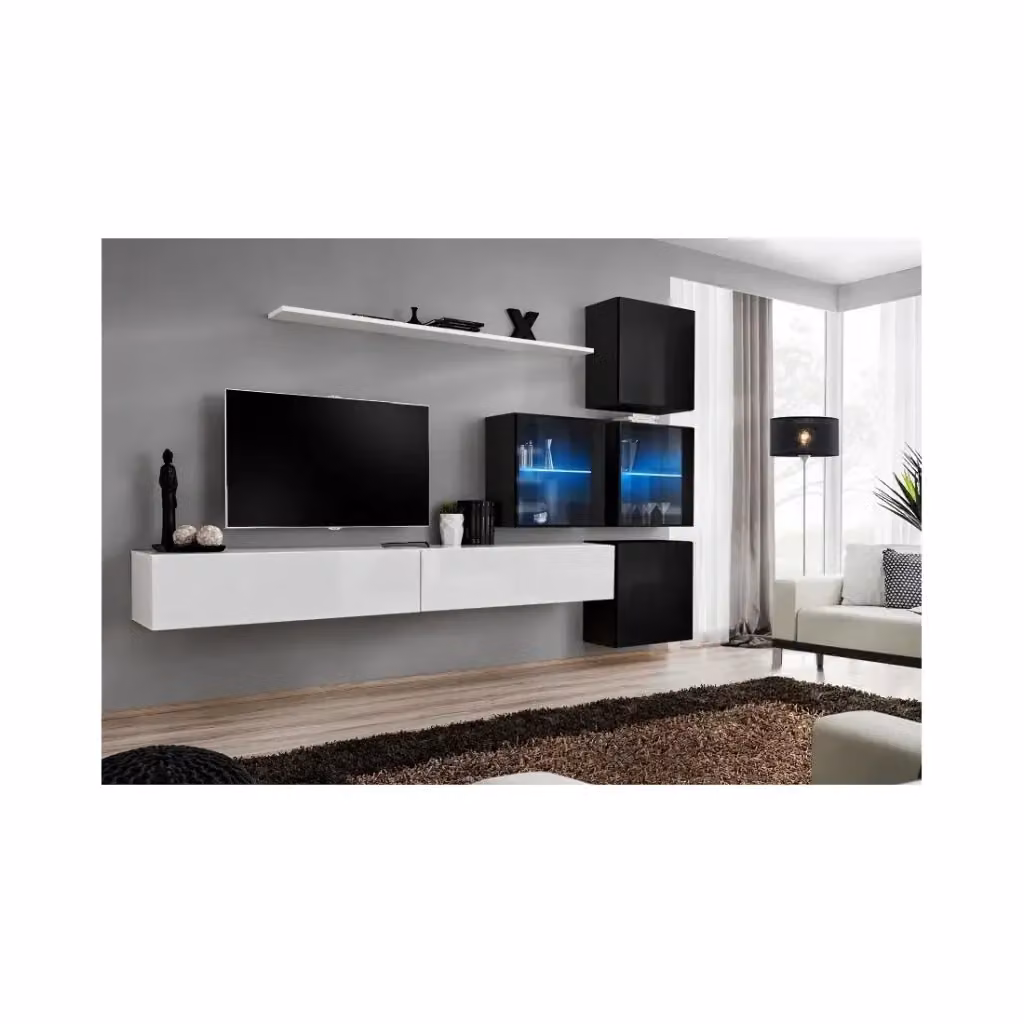 Composizione murale Meublorama SWITCH XIX per soggiorno con mobile TV, cubi vetrati con illuminazione LED e mensola, Bianco e Nero lucido, L: 310 cm, H: 200 cm, P: 40 cm – 2