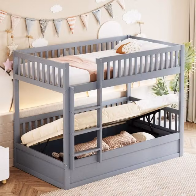 Letto a castello per bambini 90 × 200 cm con vano idraulico e scala di sicurezza, senza materasso, in legno grigio