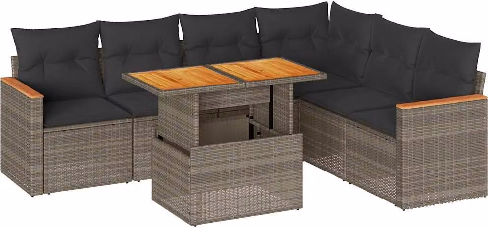 Set Divani da Giardino 7pz con Cuscini Grigio Polyrattan Acacia