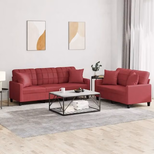 Set di divani 2 pezzi vidaXL in similpelle rossa con cuscini per soggiorno moderno – 1