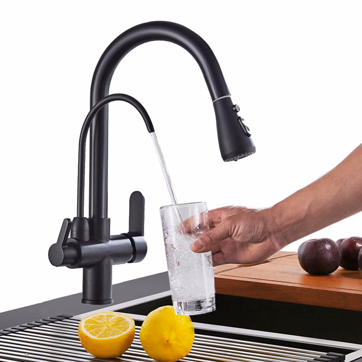 Miscelatore da cucina a 3 vie con doccetta estraibile, acciaio inossidabile nero, miscelatore 3 in 1 per filtri d'acqua potabile