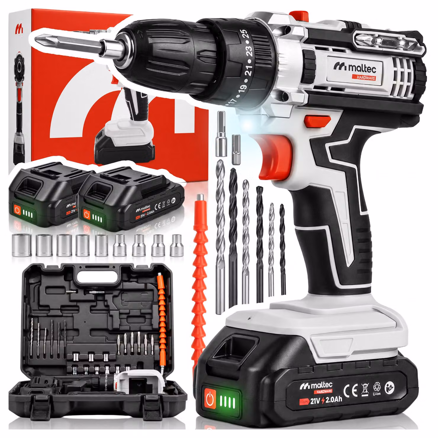 Trapano avvitatore a batteria in valigetta, 21V, con 2 batterie e caricabatterie. Avvitatore a batteria con 18 velocità, controllo della coppia e luce LED