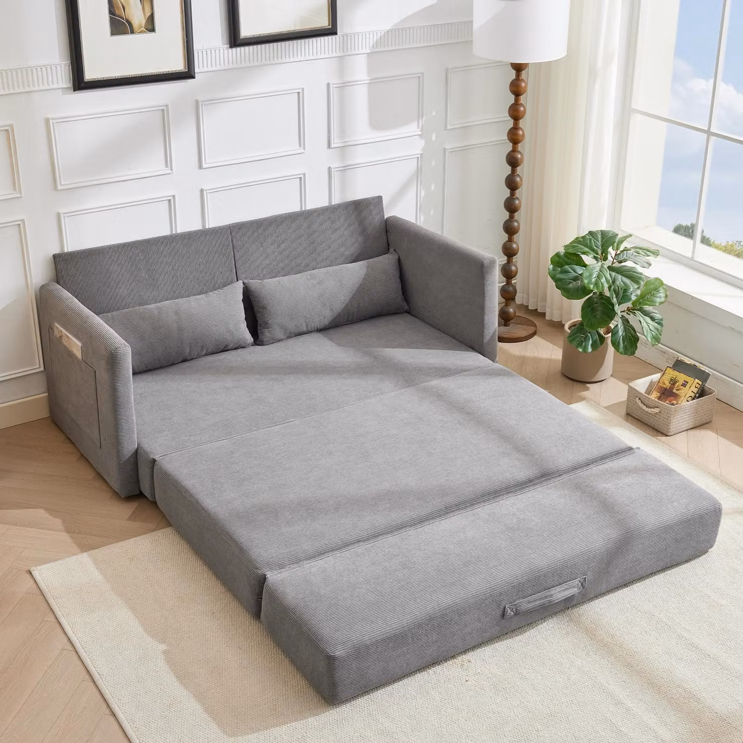 LVHOM Divano letto estraibile a 2 posti in velluto a coste, divano letto con funzione letto e tasche laterali, divano letto pieghevole per ospiti con 2 cuscini inclusi, 165 x 92 x 82 cm, grigio