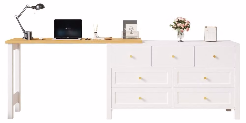 Scrivania girevole a 360 gradi - 7 cassetti - 120x40x70 cm - Pannello di particelle di legno - Bianco