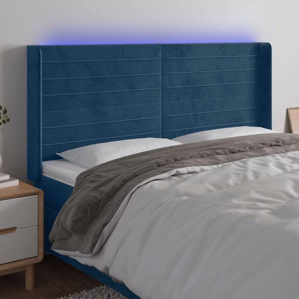 Testiera per letto vidaXL in velluto blu con illuminazione LED e porta di ricarica USB, L: 203 cm, P: 16 cm, H: 118/128 cm
