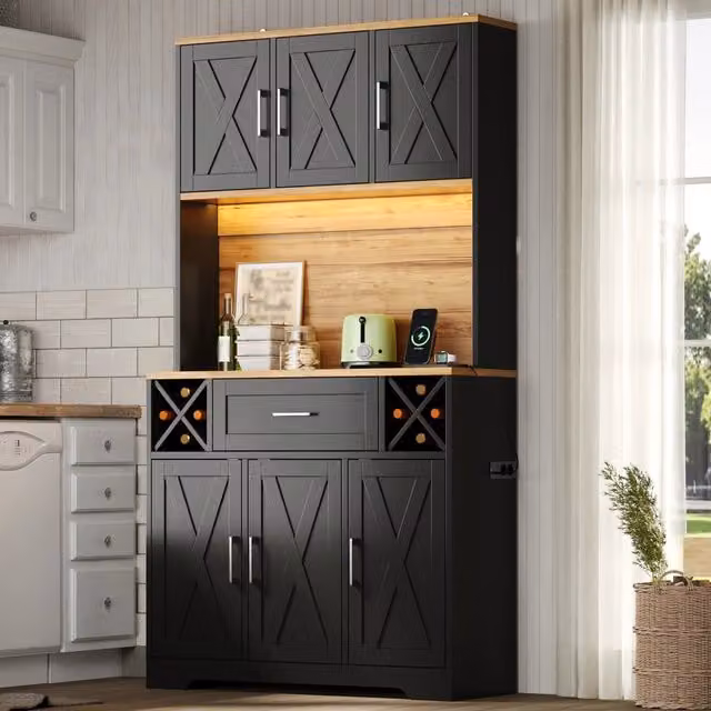 Mobile cucina alto multifunzione WISHDOR in MDF con LED RGB, prese integrate e portabottiglie, L: 105 cm, P: 40 cm, H: 180 cm, colori marrone e nero