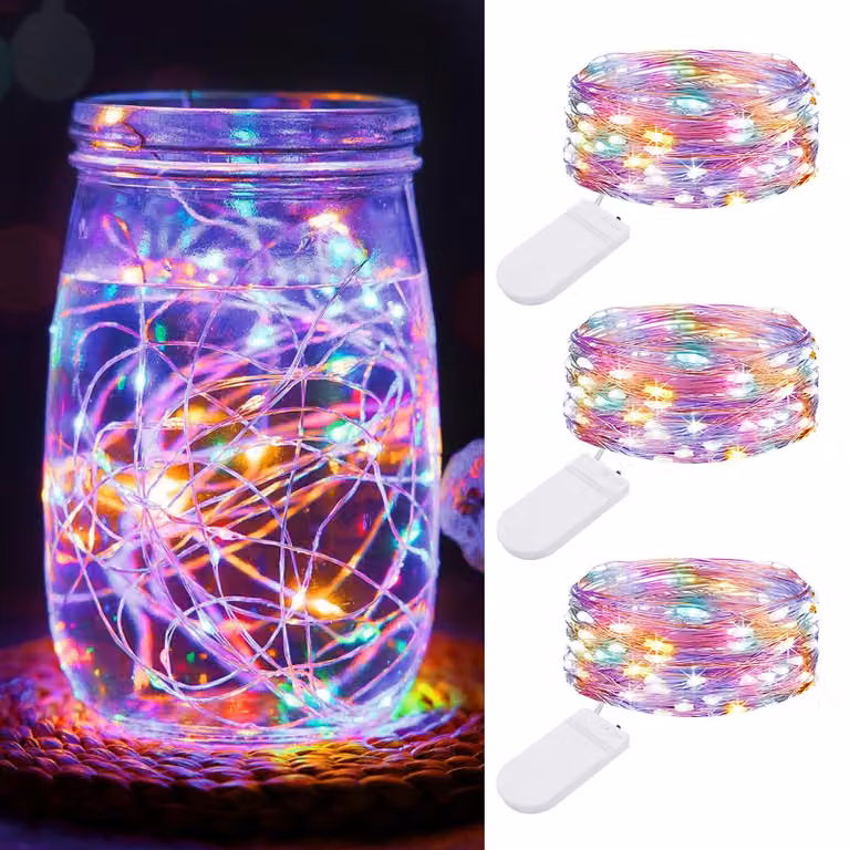 Set di 3 catene luminose a LED, lunghezza 2 metri, 20 LED, filo argentato, alimentazione a batteria