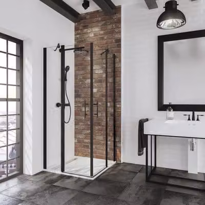 SCHULTE Porta angolare con apertura a battente e porta girevole, modello Alexa Style 2.0 ExpressPlus, dimensioni 100 x 100 x 192 cm, profilo nero, vetro trasparente antismoglie