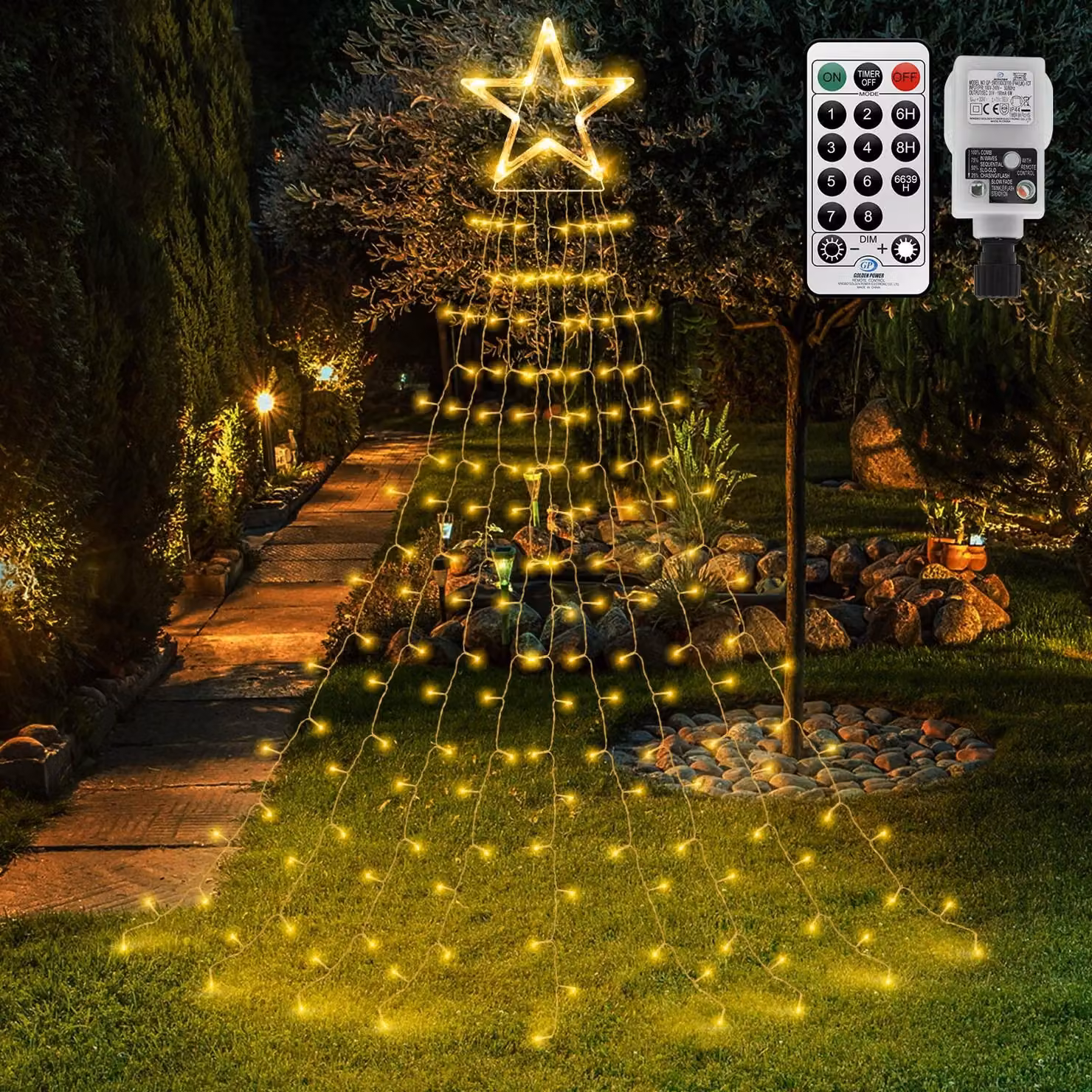 Tenda luminosa a forma di stelle, 335 LED, luce bianco caldo, grado di protezione IP44, dimmerabile, con timer