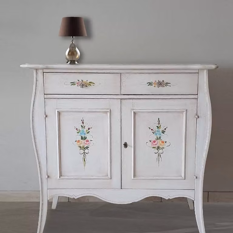 Madia credenza in legno di pino stile shabby chic bianco anticato decorato con motivi floreali Mobili 2G L: 105 cm, P: 50 cm, H: 100 cm
