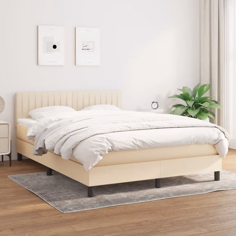 vidaXL Giroletto a Molle Ibrido con Materasso in Tessuto Beige e Bianco L/P: 140 x 190 cm