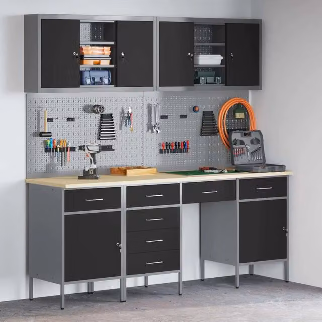 Mobile da lavoro vidaXL con cassetto in acciaio e legno, Nero e Grigio, L: 120 cm, P: 55 cm, H: 85 cm