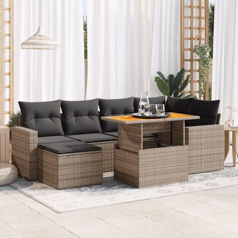 Set di divani da giardino vidaXL in polyrattan grigio con 7 pezzi, tavolo da caffè e cuscini inclusi