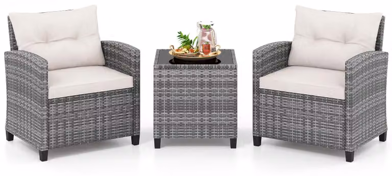 Set di mobili da giardino COSTWAY in rattan sintetico, composto da 3 pezzi. Include 2 poltrone, cuscini e un tavolo con piano in vetro temperato. Set da salotto resistente alle intemperie, ideale per 2 persone, perfetto per balconi